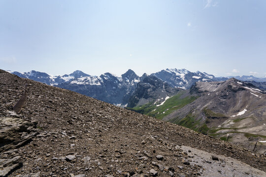 Iconic view of Eiger, Monch and Jungfrau peaks from Schilthorn Piz Gloria, Swiss Alps