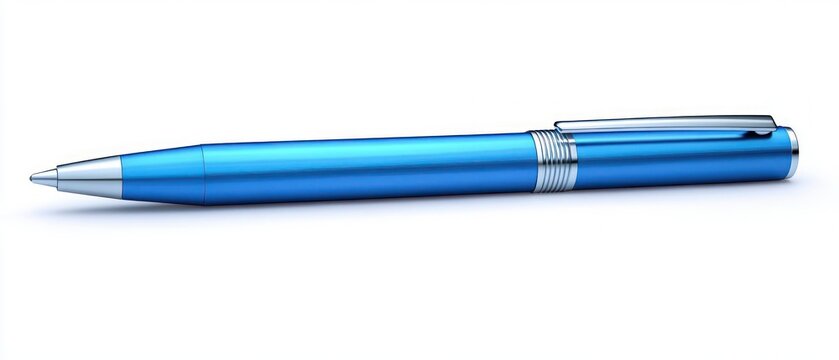 sleek metallic blue ballpoint pen with silver tip, clip and ribbed grip ring on white background, polished minimalist and professional mood
