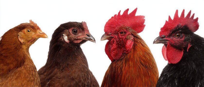 Four colorful chickens with distinct plumage and comb types