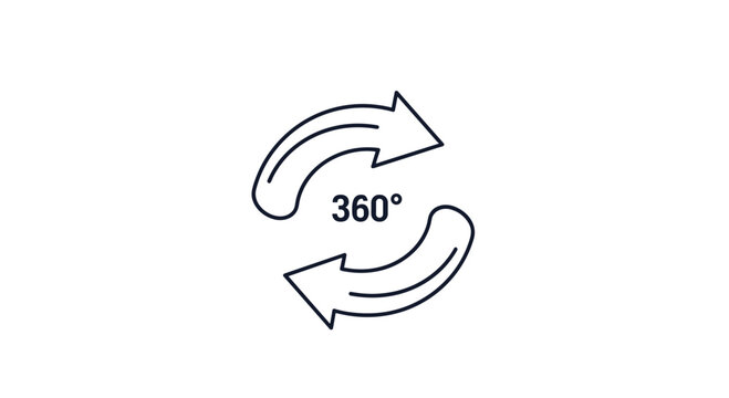 Simple line icon featuring two circular arrows rotating around the text three hundred sixty degrees for a panoramic view.