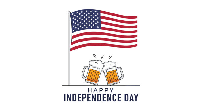 Two frothy beer mugs clinking together in celebration are placed beneath a waving American flag for Independence Day.