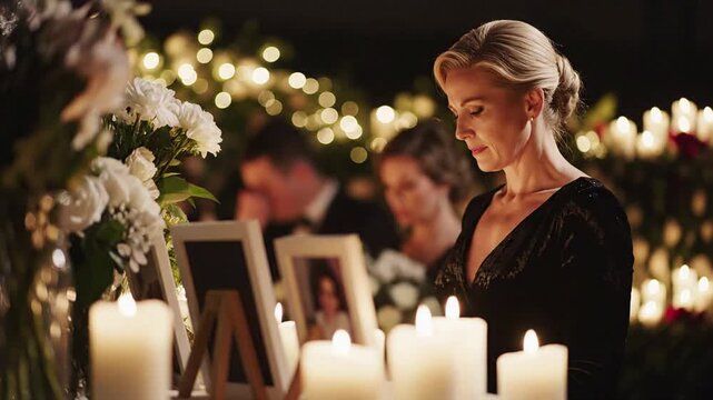 Elegant woman in black dress at memorial service, candles and flowers, somber mood, remembering loved ones, soft bokeh lights background