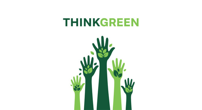 Environmental awareness graphic shows multiple green hands raised high with leaves growing from the fingers for nature protection.