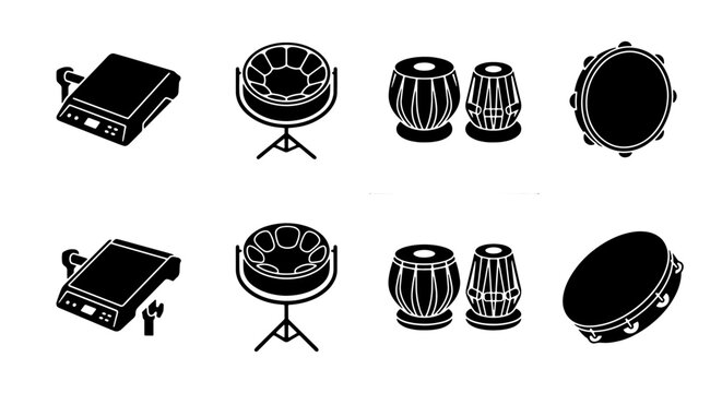 A set of black and white illustrations of various musical drums and amplifiers