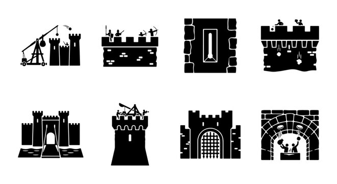 Collection of medieval castle icons in black silhouette