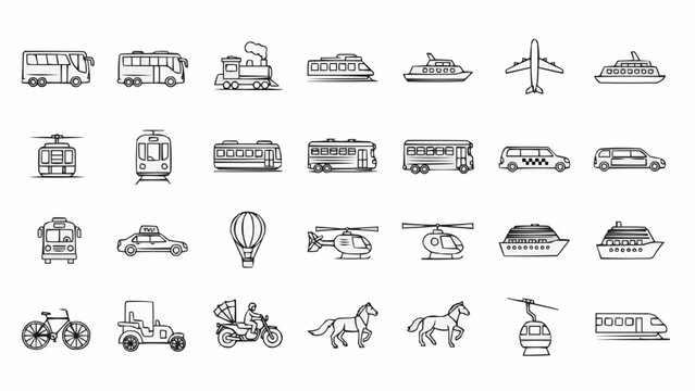 Hand drawn doodle set of various transportation vehicles and modes of travel.