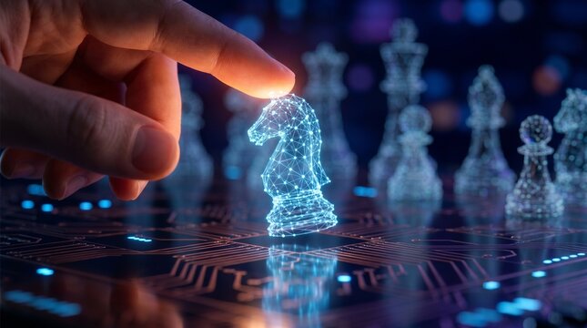 Close-up of Futuristic chess strategy pieces businessman holding glowing blue digital concept for strategic technology planning, cybersecurity visualization and digital transformation