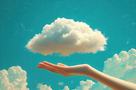 Outstretched hand cradling a single fluffy cloud against a turquoise sky, evoking wonder and peaceful imagination