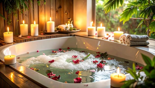 Lit candles surround a soothing bath with rose petals, lush greenery & towels near a window on a wooden surface