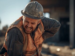 Obraz premium A construction worker suffering from a back injury, highlighting workplace dangers and risks. The worker is wearing a safety vest and helmet, with visible pain on his face