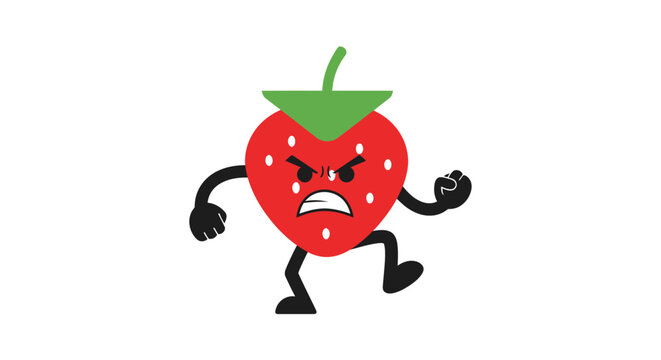 Angry Cartoon Strawberry Character, Fuming, Cartoon Fruit, Isolated