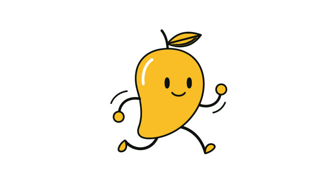 Cute cartoon mango character running with happy expression, isolated on white background