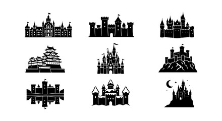 Fototapeta premium Collection of various castle silhouettes in different architectural styles and designs