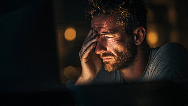 Exhausted Man Working Late at Night Feeling Stressed.