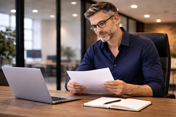 Fototapeta premium Professional man reviews documents while working at a modern office desk