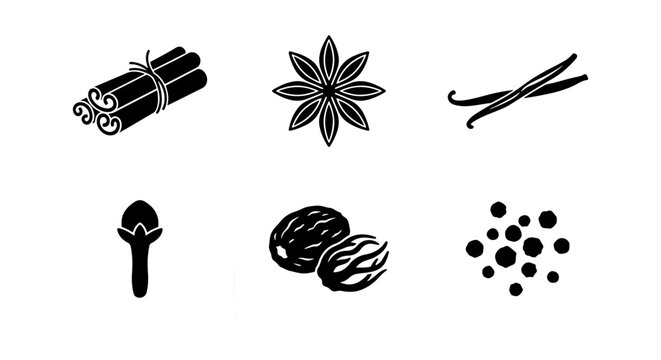 Black and white icons of cinnamon sticks star anise vanilla beans and nuts