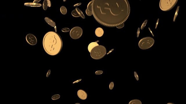 Looping 3D animation of gold dollar coins falling on a black background with luma matte for easy compositing. Ideal for finance, investment, cryptocurrency, and motion graphics projects.