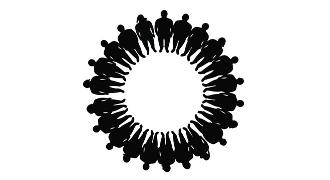 Diverse group of people standing in a circle together forming a united community silhouette on white background teamwork concept