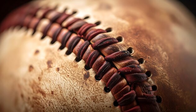 Macro shot of a well-used baseball with brown leather stitches showing wear and dirt, against a soft, dark background