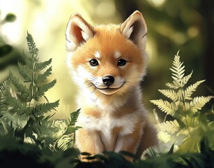 Fototapeta premium fluffy orange fox sitting among sunlit ferns with white chest and perked ears in a warm golden forest, peaceful and curious mood