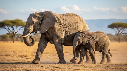 Fototapeta premium Majestic african elephant mother walking across the dry dusty landscape alongside her adorable young calf while exploring the vast wild habitat during a sunny day