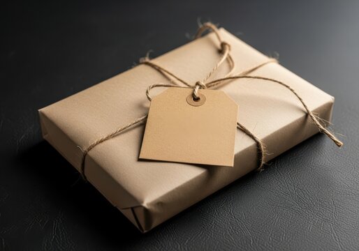 A neatly wrapped gift box tied with rustic twine and a blank kraft paper tag, presented on a dark, textured surface