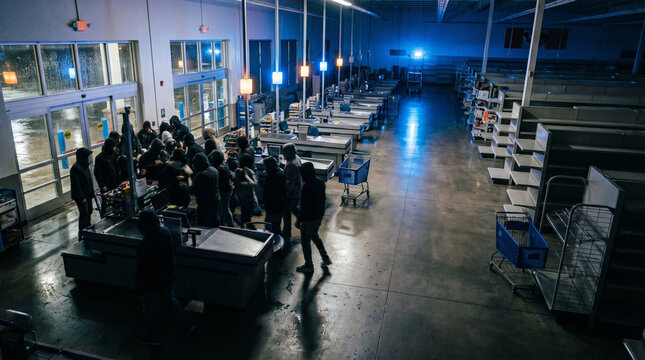 Dimly lit retail store interior with empty shelves and a crowd of people in panic during a bankruptcy sale, blue ambient light casting shadows on the floor
