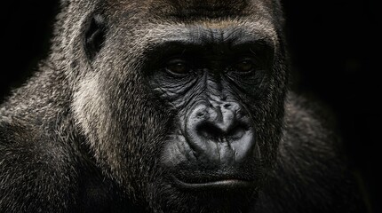 Obraz premium Close-up portrait of a gorilla with a dark background in nature