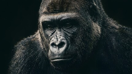 Obraz premium Close-up portrait of a gorilla with intense gaze in dark setting