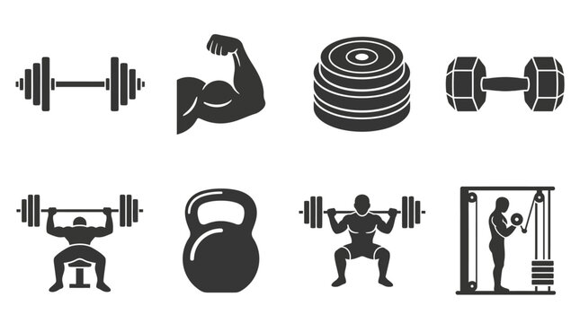 Collection of gym equipment and fitness icons showcasing strength training activities