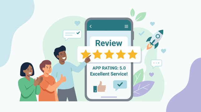 Group of People Reviewing a Mobile App On Smartphone.
