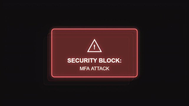 Red glowing digital warning message on a screen indicating a security block due to a multi factor authentication attack