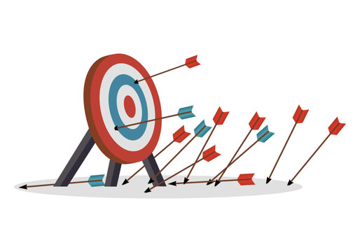 Many arrows missed the target mark. Missing shot. Several inaccurate failed attempts to hit the archery target. Business challenge failure metaphor. Flat cartoon isolated vector object illustration