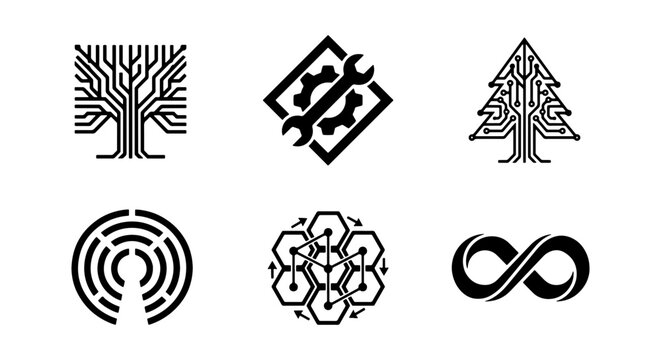 Collection of various black and white line art icons and symbols