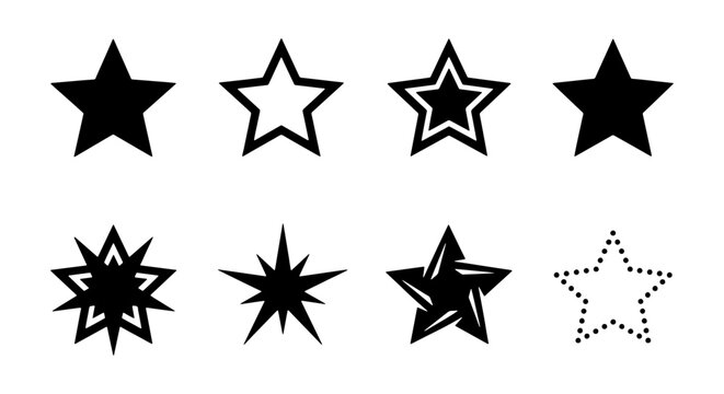 Collection of various star shapes and symbols in black and white