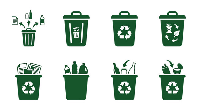 Collection of green recycling icons depicting waste management and environmental care