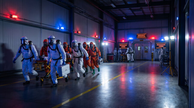 Emergency responders in biohazard suits rush through industrial hallway in panic, blue and red lights flashing, creating a tense and urgent atmosphere