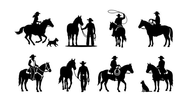 Silhouettes of cowboys and cowgirls with horses and dogs in various poses