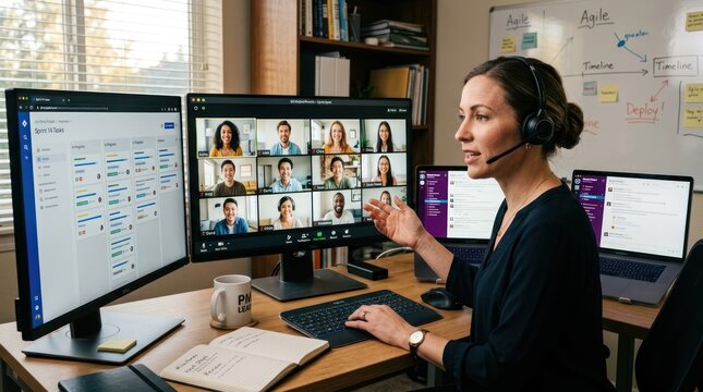 A woman wearing a headset and headphones is engaged in a video conference call, pointing at a computer screen displaying a Microsoft Teams interface with multiple participants.