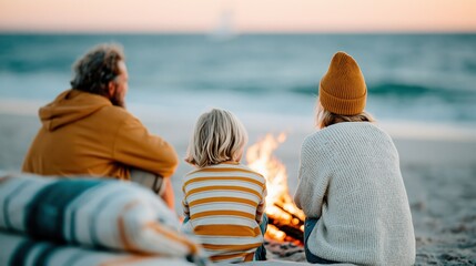 Fototapeta premium A family enjoys a cozy moment around a crackling bonfire on the beach, exuding warmth, togetherness, and the simple joys of life at sunset by the ocean.