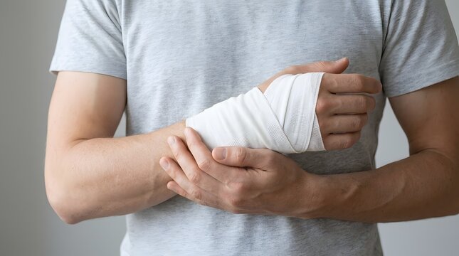 Person with bandaged hand in casual grey t-shirt indoors