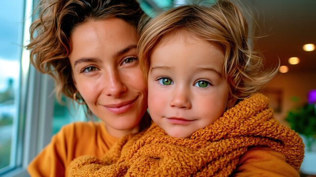 A joyful mother smiles affectionately at the camera while holding her adorable child, showcasing a beautiful bond marked by love, warmth, and nurturing in a cozy setting.