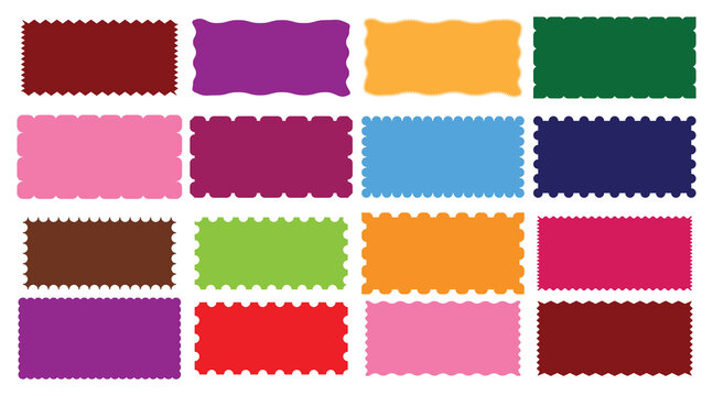 Rectangle shape frame with zigzag edge. Geometric zig zag wavy edge stickers, frames, Set of Zigzag and colorful Shapes. Decorative banners and labels set for mail, postcard, letter, note.