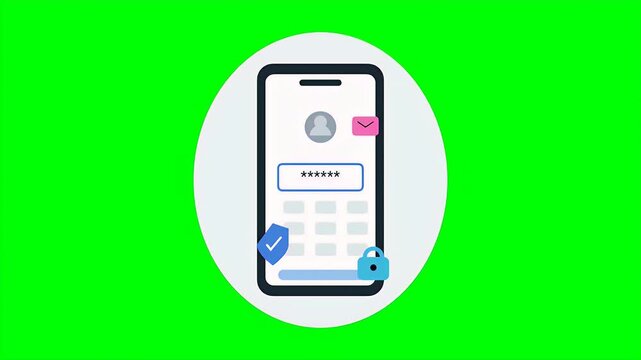 Animated smartphone interface showing a secure login process with password entry and security icons