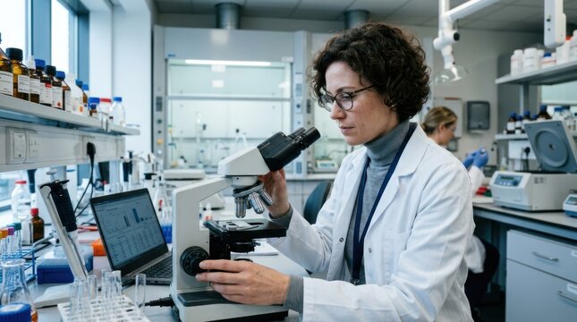 A female scientist in a lab coat examines a microscope in a well-equipped laboratory.