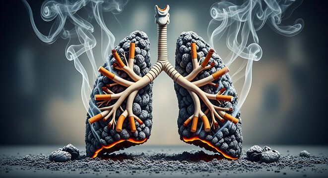 Conceptual human lungs made of cigarettes emitting smoke representing the dangerous health risks and damaging effects of smoking on respiratory system anatomy