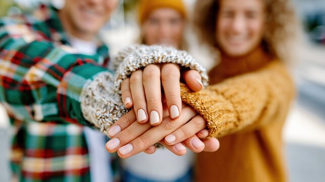 A close-up view of three friends' hands stacked together in a warm gesture, showcasing unity and friendship against a soft-focus background representing joy and affection.