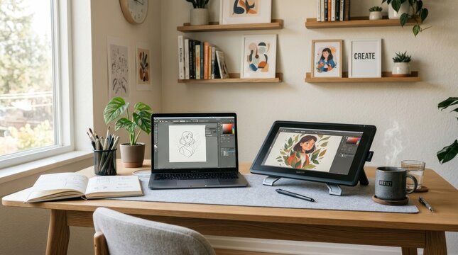 A cozy workspace with a laptop and a tablet on a wooden desk, featuring a drawing or sketching session.
