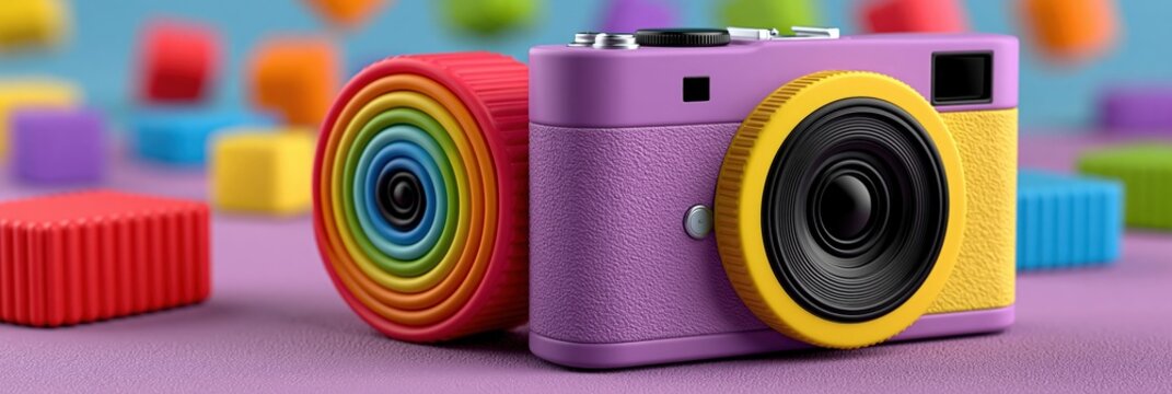 Colorful Camera Collection with Rainbow Background