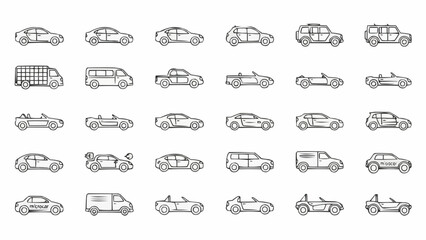 Obraz premium Collection of various car types and vehicle outlines in a doodle style.